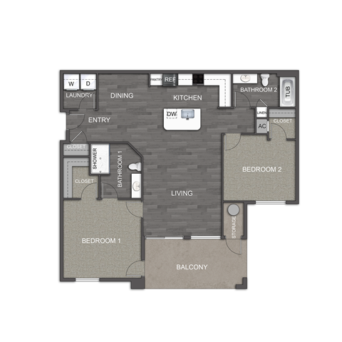 Floor plan for 2 beds, 2 baths, 1285 sqft